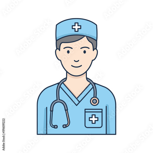 Smiling healthcare worker wearing scrubs, cap, and stethoscope illustration