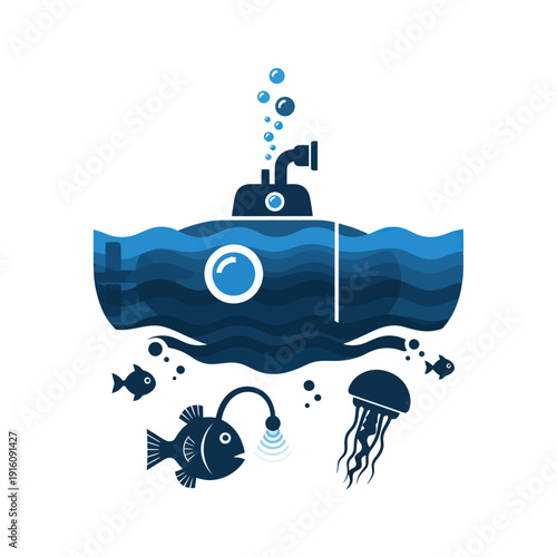 Submarine diving in blue ocean with fish and jellyfish