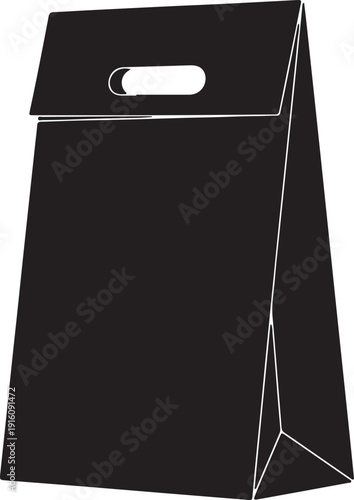 Black paper shopping bag with a handle and a small front pocket.
