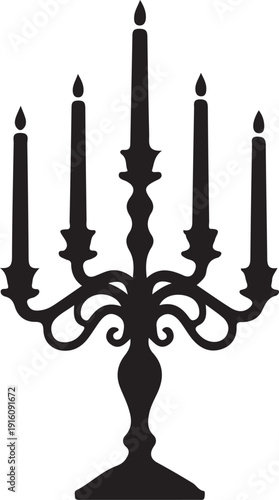 Elegant black candelabra with seven tall candles standing prominently against a plain background