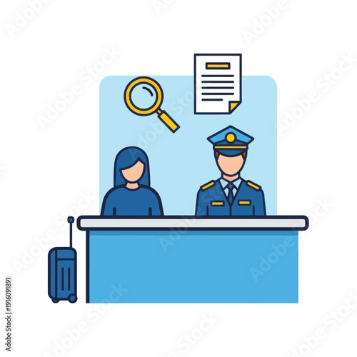 Traveler and officer at security check with document and magnifying glass