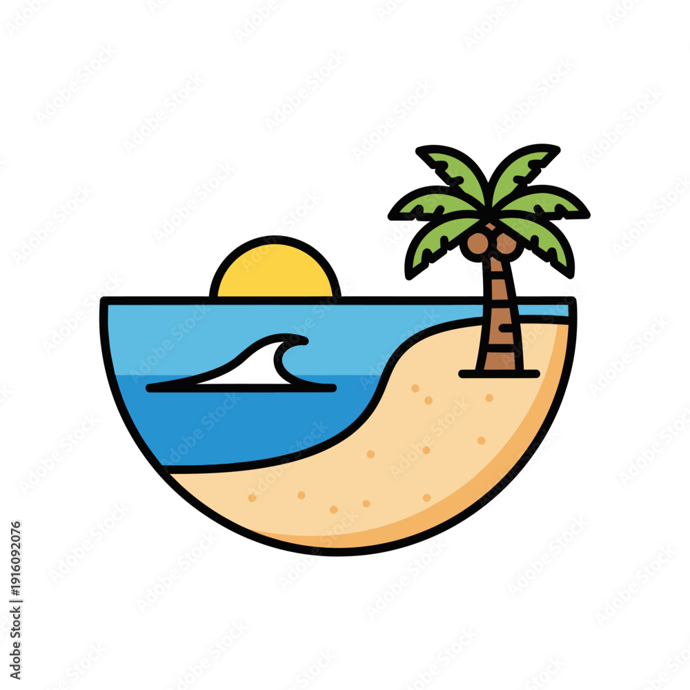 Fototapeta premium Tropical beach icon with palm tree ocean and sun