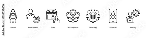 Startup and Employment web banner vector illustration featuring Startup, Employment, Store, Working Hours, Technology, Video Call, and Working.