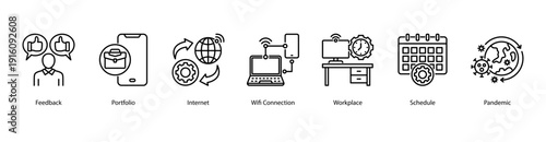 Workplace Connectivity web banner vector illustration featuring Feedback, Portfolio, Internet, Wifi Connection, Workplace, Schedule, and Pandemic.