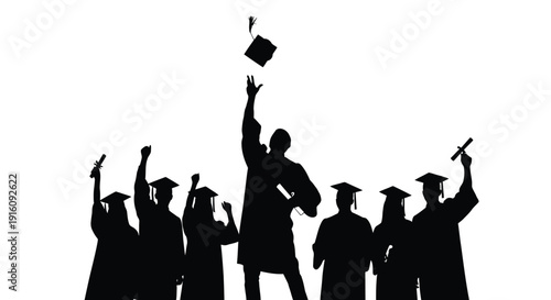 Graduation celebration with students tossing caps a striking silhouette
