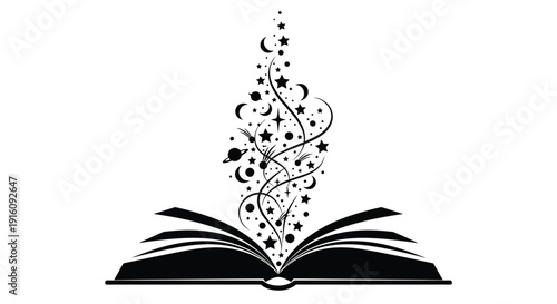 An open book releasing stars and moons a dark silhouette