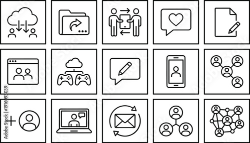 Comprehensive set of minimalist line icons for social collaboration, cloud file sharing, team networking, digital communication, remote work, online gaming, and project management symbols.