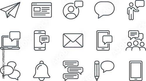 Set of minimalist line icons representing digital communication, online messaging, media networking, email notification, customer support, business chat, mobile technology, global connection concepts.