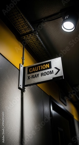Warning Sign Directs to X-Ray Room in Modern Medical Facility with Overhead Illumination