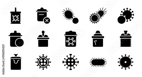 Sanitation and Hygiene Icon Collection: A meticulously crafted collection of sanitation and hygiene-related icons, each representing crucial elements of cleanliness, waste disposal, and germ control.