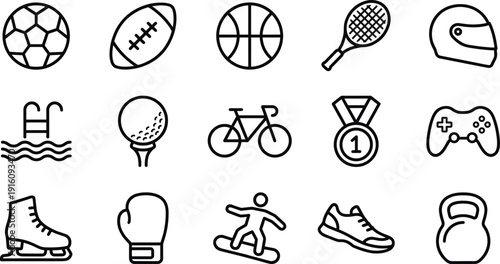 Set of black line icons featuring sports equipment like soccer ball, basketball, tennis racket, cycling, boxing glove, ice skate, medal, and fitness gym workout symbols.