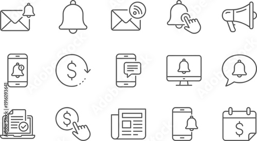 Line style icons set for notification alerts and financial reminders featuring bells, smartphone messages, email envelopes, megaphones, currency subscription newsletters for business communication.