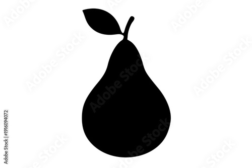 Simple black and white illustration of a pear with a leaf on top