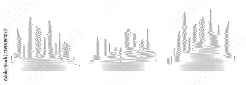 Silhouettes of modern cities skylines against a dark background in varied compositions