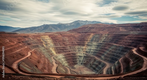 Large open pit mine with terraced red rock walls and mountainous background under cloudy sky terraced walls