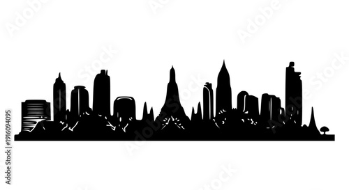 Silhouette skyline of a modern metropolis at dusk with iconic buildings