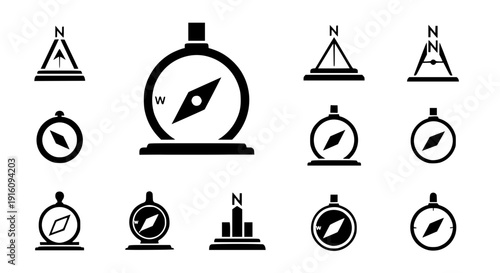 Compass Icon Set: A collection of compass icons in various styles, ideal for navigation, direction, and exploration, featuring clear north indicators. 
