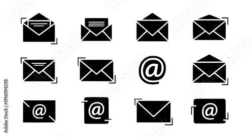 Email Icon Set: A modern, minimalist illustration showcasing a collection of sleek email icons, designed with bold lines and a clean aesthetic to represent various states of electronic mail.