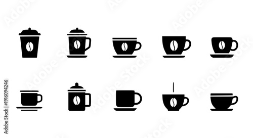 Variety of Coffee Cup Icons: A collection of various coffee cup icons, each showcasing a unique design, ready for diverse applications from culinary ventures to digital media.
