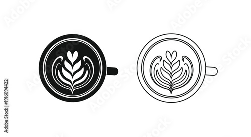 Two coffee cups with latte art a striking black silhouette