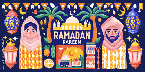 Colorful ramadan kareem illustration with traditional elements and festive decorations
