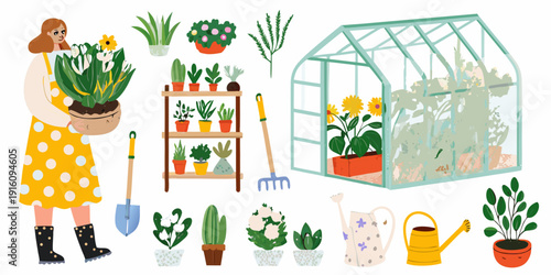 A woman tending to plants inside and near a charming greenhouse
