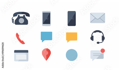 Modern flat contact us icons phone email chat support vector set