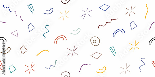 Colorful abstract doodles and geometric shapes scattered on a white background