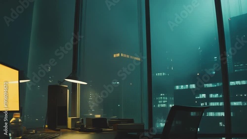 Modern office interior with glowing computer screen and desk lamp, creating an atmosphere of urban solitude, looking out at a dark, neon lit cityscape at night