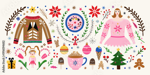 Festive winter illustration featuring cozy sweaters ornaments and holiday treats