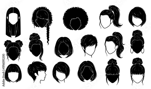 Modern Female Hairstyle Silhouette Icons Set with Diverse Haircuts and Updos
