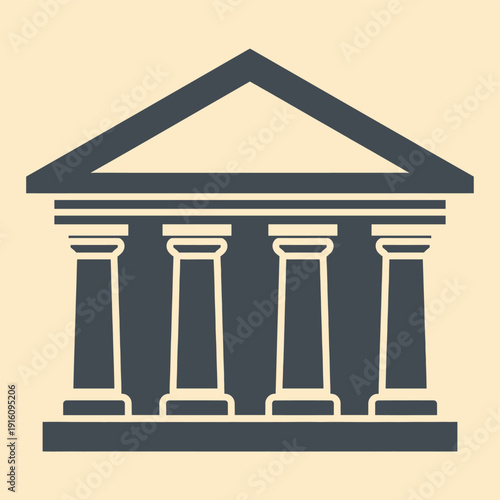 A stylized illustration of a classical building facade with a triangular pediment and four Doric columns.