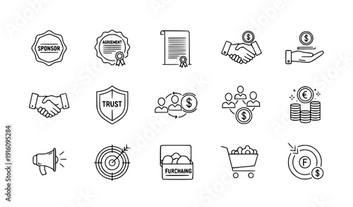 Business marketing thin line icon set sponsor partnership campaign vector collection