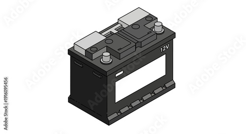 Isometric 12V Automotive Car Battery with Terminal Posts and Casing Details