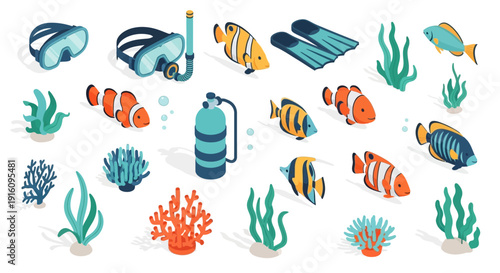 Isometric Scuba Diving Gear and Tropical Coral Reef Fish Vector Set