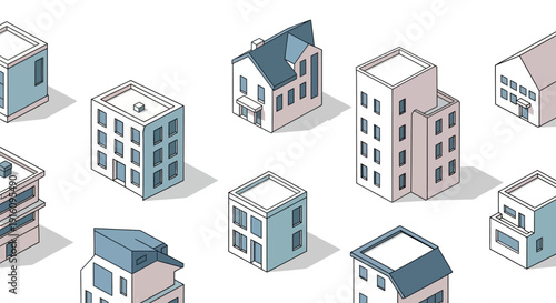 Isometric Set of Modern Urban Buildings with Residential Houses and Office Blocks