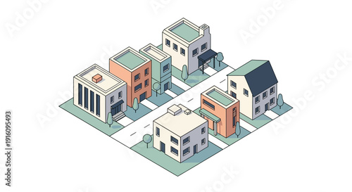 Isometric Modern Suburban Neighborhood Block with Residential Houses and Office Buildings