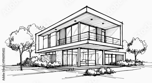 Architectural Perspective Sketch of a Two Story Modern House with Large Windows and Landscaping
