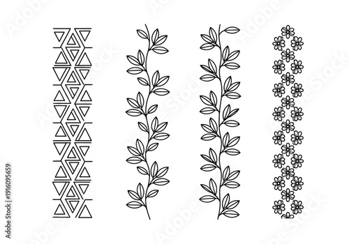 Set of Decorative Vertical Border Patterns with Geometric Triangles and Botanical Vines