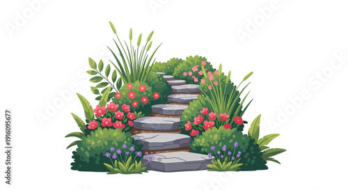 Garden Stone Path Illustration with Lush Green Bushes and Pink Floral Landscaping