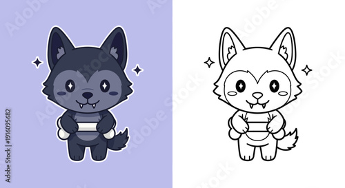 Cute Cartoon Wolf Holding a Bone Set with Full Color and Line Art Versions