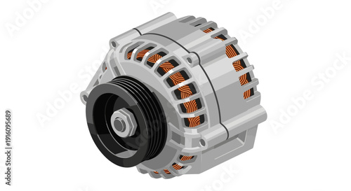 Isometric Vector Illustration of a Car Alternator with Copper Wiring and Pulley