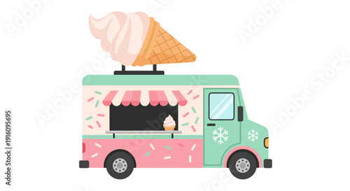Pastel Mint Green and Pink Ice Cream Truck with Giant Soft Serve Cone Topper