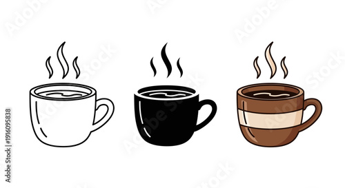 Set of Three Coffee Cup Icons in Line Art Solid Black and Colored Styles
