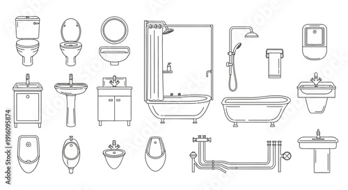 Bathroom Fixture and Plumbing Vector Set with Toilet Sink Bathtub and Shower Line Art