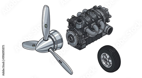Isometric 3D Aircraft Engine Components Set with Propeller Motor and Landing Gear Wheel