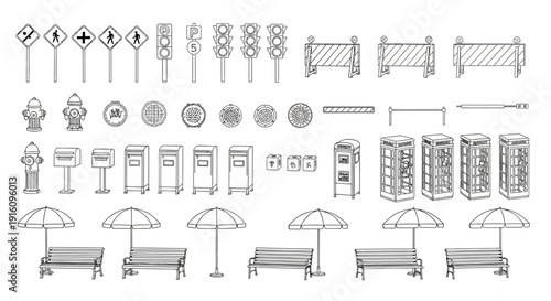 Urban Street Furniture and Public Infrastructure Line Art Set with Park Benches Phone Booths and Traffic Signs