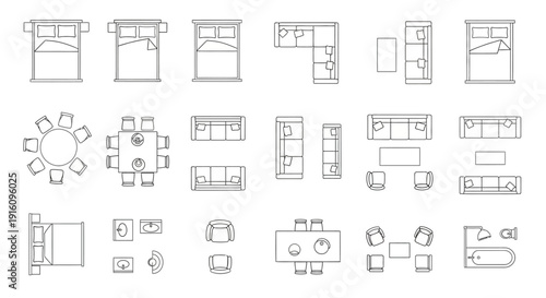 Interior Furniture and Bathroom Floor Plan Symbols with Line Art Beds Sofas Dining Tables and Sinks