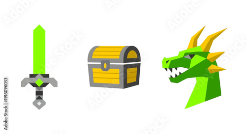 Fantasy RPG Adventure Icon Set with Glowing Green Magic Sword Treasure Chest and Green Dragon Head