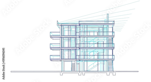 Blue Architectural Wireframe of Modern Multi Story Apartment Building Elevation and Section